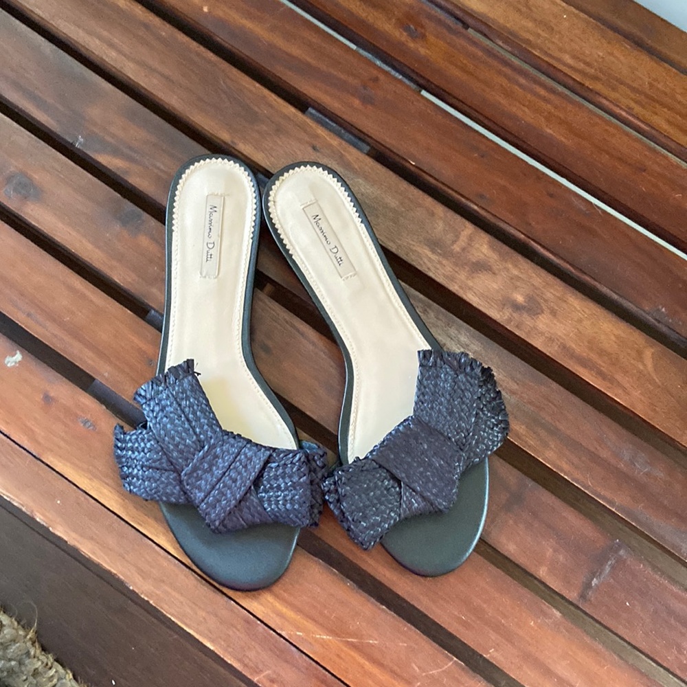 Massimo Dutti Organic Black Bow Raffia and Leather Slide Sandals